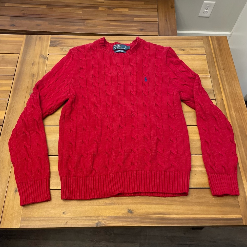 Vintage Men’s Polo Ralph Cable Knit Pullover Long Sleeve Sweater Large Red